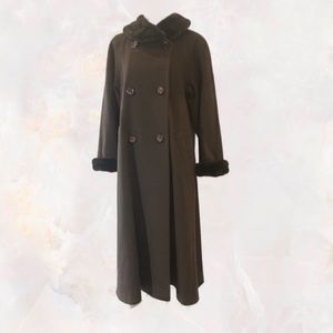 Evan Picone Dark Brown Long Double-Breasted Faux Fir Trimmed Wool Coat